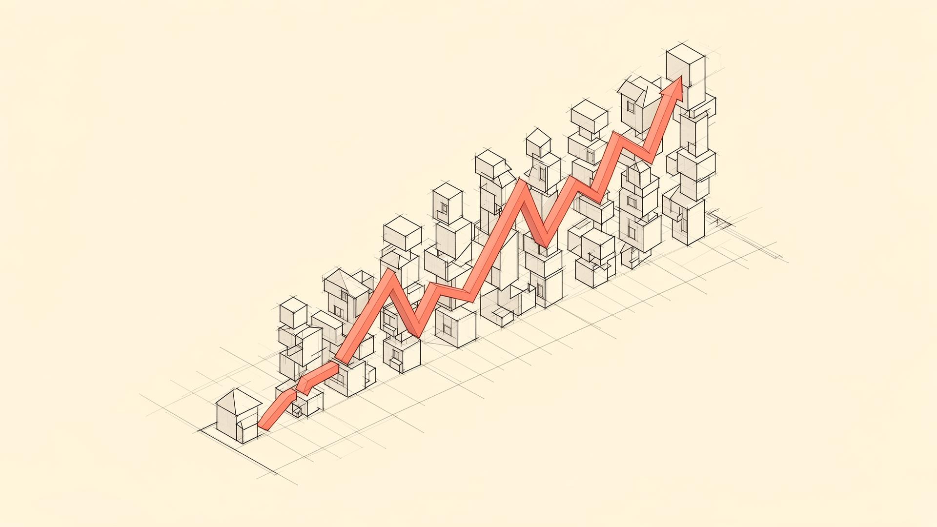 Abstract illustration of fragmented blocks reassembling into a rising architectural form