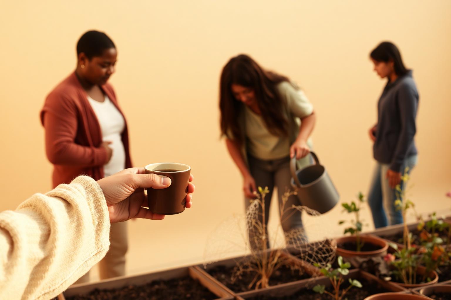 A hand offering a coffee to a neighbor while others tend a small community garden