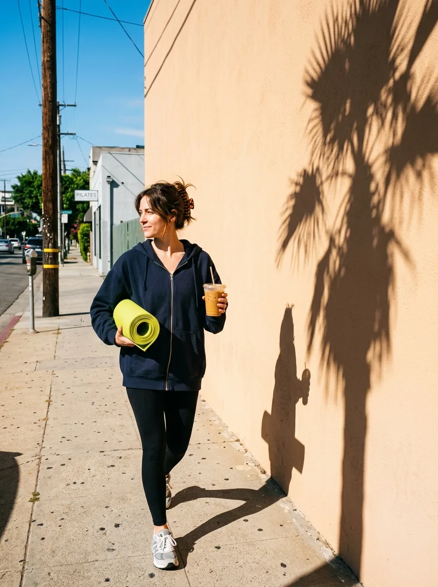 A customer walking with a coffee after a workout