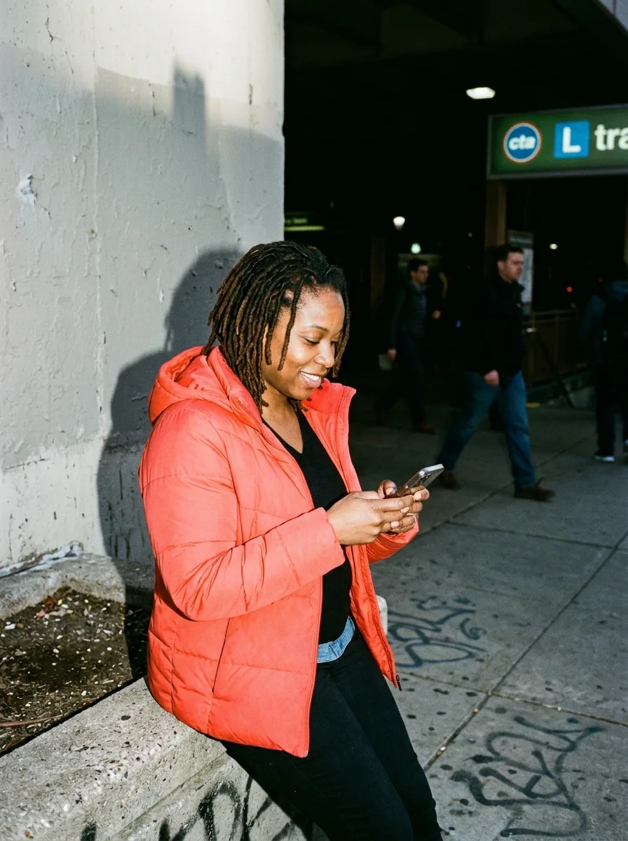 A customer smiling at her phone on the street