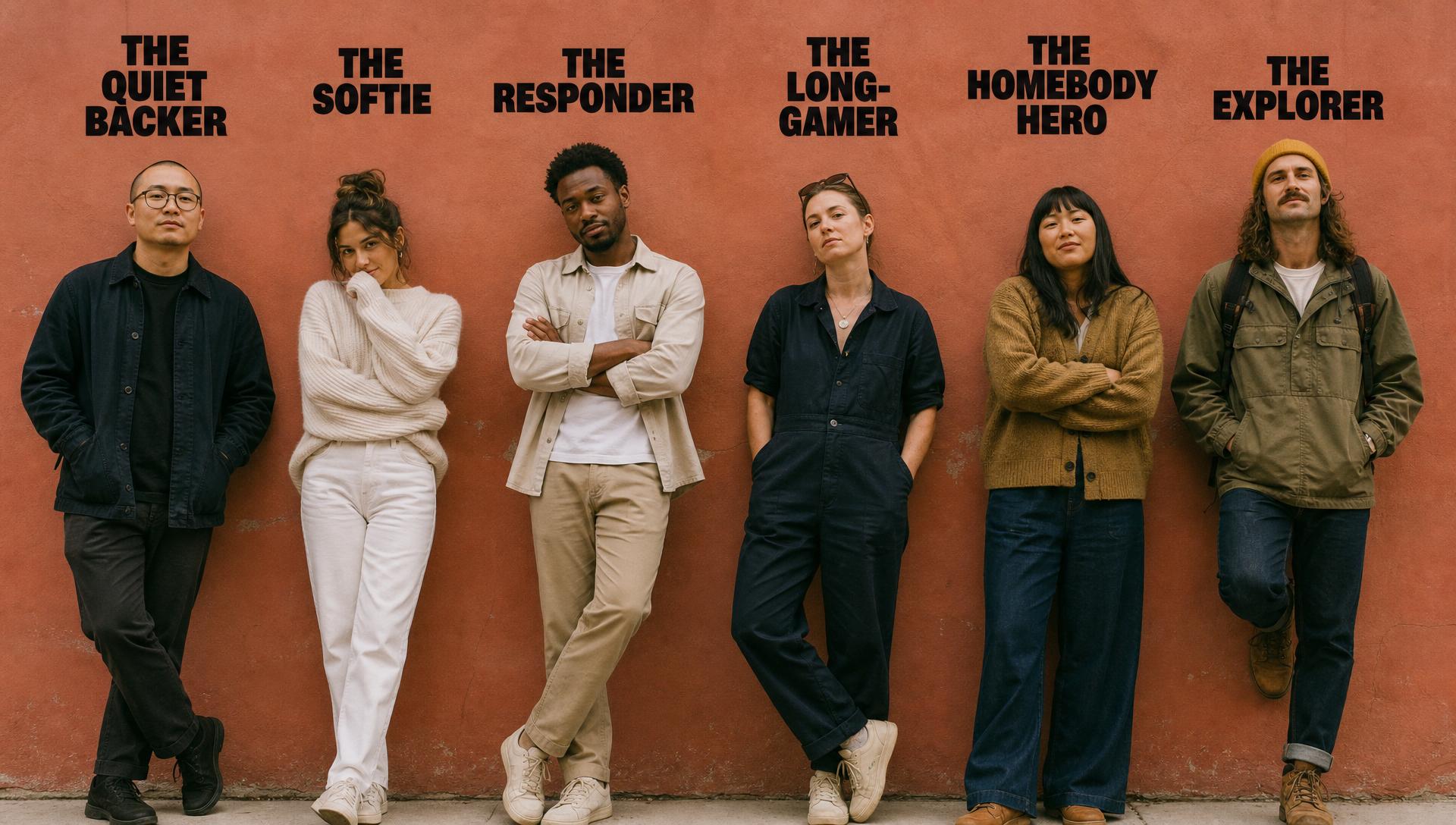 Six giving-era personas standing against a coral wall, each labelled: The Quiet Backer, The Softie, The Responder, The Long-Gamer, The Homebody Hero, The Explorer.